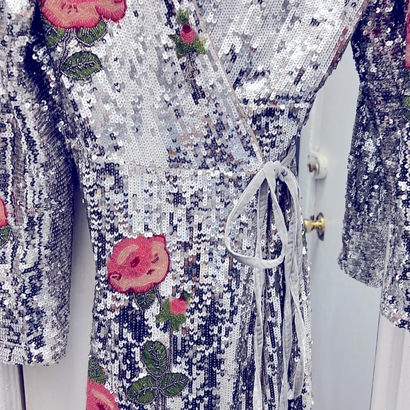 Topshop sequence boutique silver wrap dress with red flowers,  green leaves - Picture 7 of 9